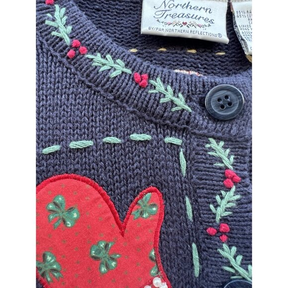 Vintage 80s Northern Treasures blue embroidered Christmas Holiday cardigan M - Picture 13 of 14